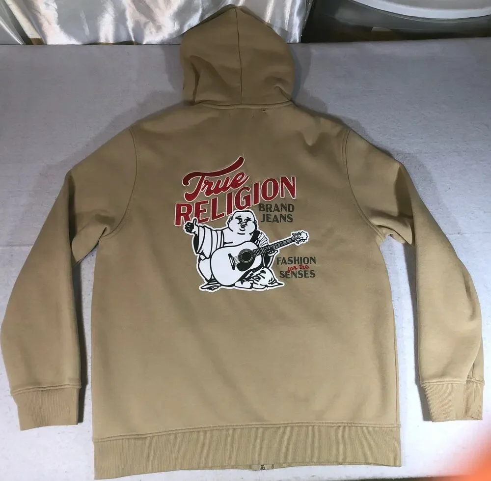 True Religion Hoodie Full Zip Buddha Logo Graphic Tan Mens Size L